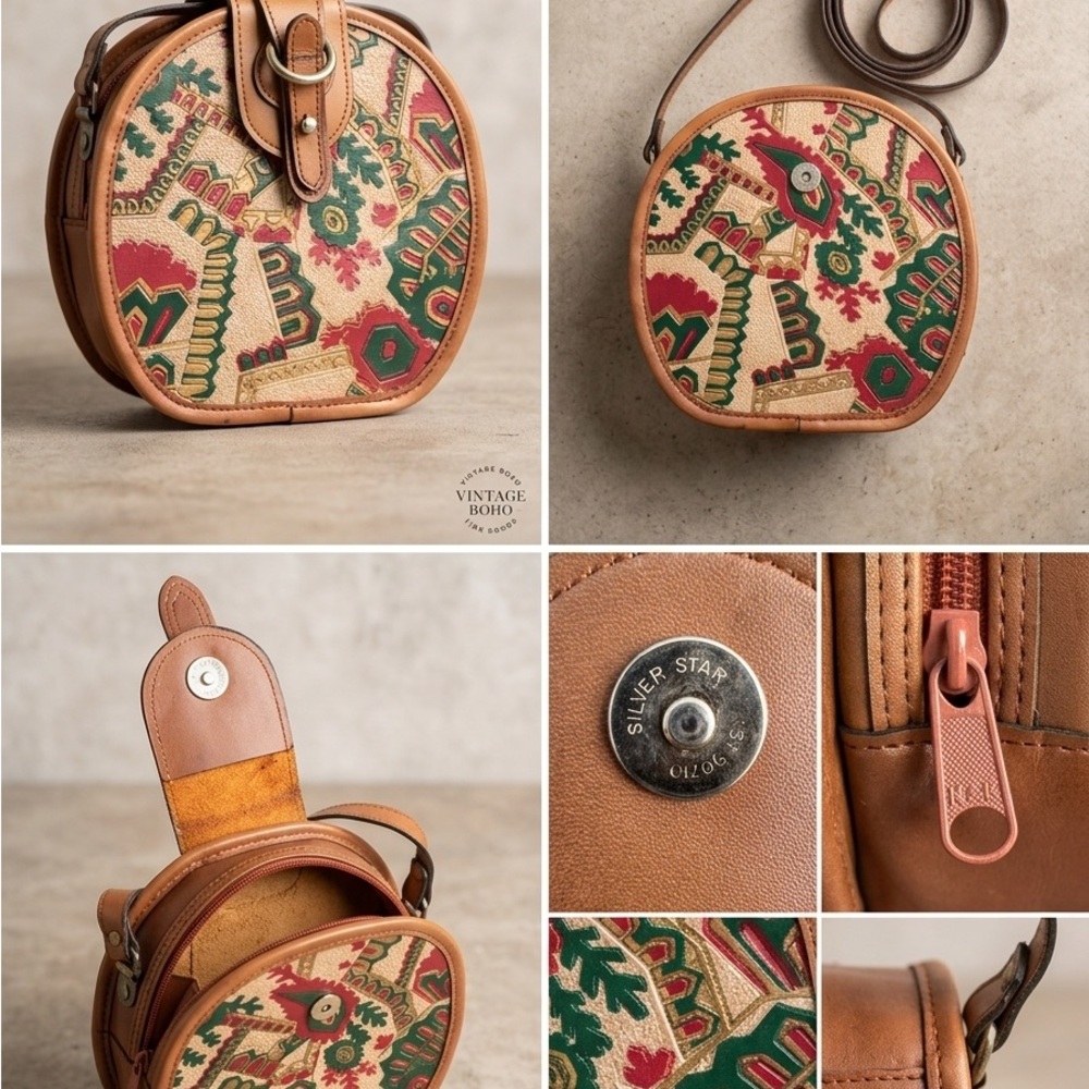 Vintage 70s Round Tooled Leather Crossbody Canteen Bag